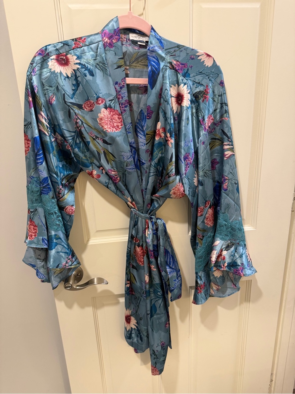 Floral Satin Tie-Waist Robe in Teal Blue by Unknown Brand